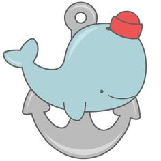 a blue whale with a red hat on it's head hanging from a hook