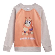 Dress your little one in playful style with this eye-catching Bluey-themed sweatshirt featuring a vibrant all-over print, contrast raglan sleeves, and cozy ribbed waist cuffs. The rib knit crew neck collar and ribbed sleeve cuffs ensure a snug fit while the soft hand screen print adds a touch of whimsy. Complete with pull-on closure and adorable dimensional ears, this top is perfect for fans of the beloved animated series. Playful Long Sleeve Sweatshirt With Character Print, Playful Sweatshirt With Cartoon Print For Playwear, Playful Cartoon Print Sweatshirt For Playwear, Graphic Print Sweatshirt For Playtime In Fall, Playful Cartoon Print Sweatshirt For Playtime, Playful Crew Neck Sweatshirt With Character Print, Playful Long Sleeve Sweatshirt For Playwear, Playful Crew Neck Sweater With Cartoon Print, Playful Long Sleeve Playwear Sweatshirt