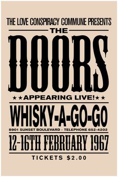 an old concert poster for the doors, appearing live at whisky - a - go