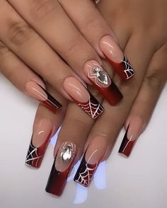 Spiderman Nails Black And Red, Miles Morales Acrylic Nails, Miles Morales Nails Designs, Batman Inspired Nails, Nail Ideas Spiderman, Nails Inspiration Red And Black, Batman Acrylic Nails, Red N Black Nails