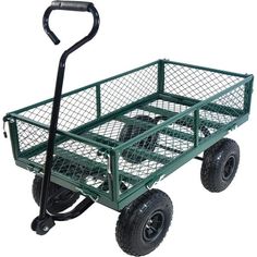 a green wagon with two wheels and a handle