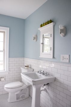 a bathroom with blue walls and white fixtures