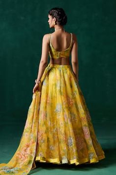 Yellow  sleeveless blouse with floral print and zari, sequins, stones embroidery. Paired with coordinating lace embroidered dupatta and kalidar lehenga. - Aza Fashions Kurta Lehenga, Lehenga Pattern, Anushree Reddy, Sanya Malhotra, Lehenga Skirt, Embroidered Dupatta, Jacqueline Fernandez, Set Women, Bridal Lehenga