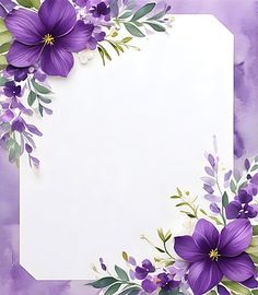 purple flowers and green leaves on a watercolor background with a white paper in the middle