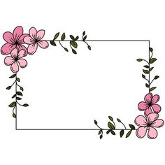 a pink flower border with green leaves and flowers on the bottom, along with a white background