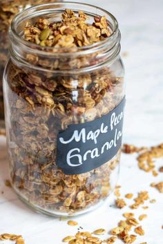 granola in a glass jar with a label on it