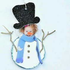 a snowman ornament with a hat and scarf on it's head