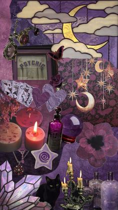 a purple room filled with lots of different items and candles on top of each other