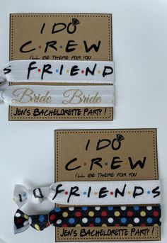 two brown tags with black and white polka dots on them, one says i do crew friend and the other says bride's bachelor party