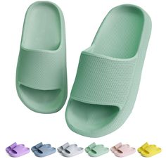 PRICES MAY VARY. 【High quality】 Kids cloud slides are made of skin-friendly and durable EVA material, super light, no special smell, no noise, no water absorption, easy to clean and fast drying. 【Ergonomic design】About 30° forward tilt toe head protection design prevents kid's feet from rushing out when walking. The recessed footbed and the carefully designed instep height provide security and comfort, even for those with chubby feet. 【Padded elastic sole】 With a thick sole of 1.58 inch - 4cm, t Cheap Green Non-slip Slides, Fun Beach Slip-on Slides, Beach Slide Slippers With Non-slip, Multicolor Non-slip Slides For The Beach, Multicolor Slip-on Slides For Beach, Shower Slippers, Cloud Slides, Pool Shoes, Head Protection