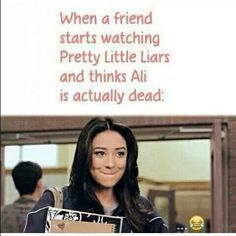 a woman holding a box with the caption when a friend starts watching pretty little liars and thinks ali is actually dead