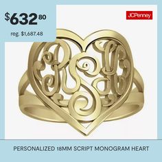 Proudly show off your initials or the initials of someone you love with this monogram ring.Metal: Sterling silver, 10K or 14K white or yellow gold, 24K yellow or rose gold over silverDimensions: 18mmPersonalize: Must be 3 initials. Initials will appear exactly as entered; center initial will be enlarged.Care: Wipe CleanCountry of Origin: USJewelry photos are enlarged to show detail. Disclaimer: Metal may be rhodium plated to enhance appearance and reduce tarnishing. Monogram Hearts, Script Monogram, Monogram Ring, 2 Rings, Ring Metal, Cocktail Rings, Rhodium Plated, Or Rose, Heart Ring