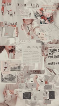 a collage of photos and text on white paper with pink accents, including roses