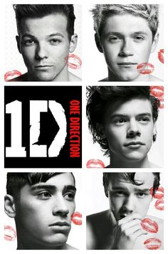 the poster for one direction is shown with four different faces and two red lips on each side