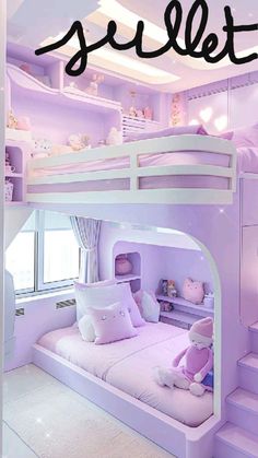 there is a bunk bed in the room with purple walls and white flooring that has stairs leading up to it