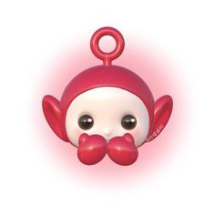 a red and white monkey with big eyes on it's head is wearing a pink nose ring