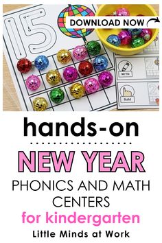 hands - on new year phonics and math centers for kids to work on