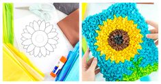 two pictures with crochet flowers and colored pencils on the left, and an image of a sunflower on the right