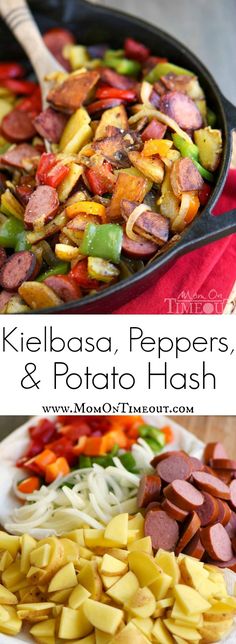 kielbasa, peppers, and potato hash browns in a cast iron skillet