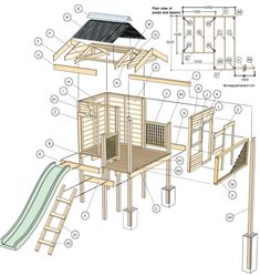 an image of a wooden play set with instructions on the front and side walls, including a slide