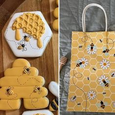 two pictures one with bees and the other with honeycombs on it, both made out of cookies