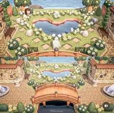 an artistic rendering of a bridge over a river with flowers and trees on the other side