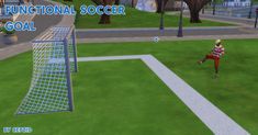 a soccer game is shown with the goal and ball in front of it, as well as an animated character