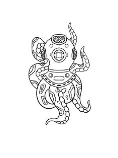 a black and white drawing of a robot with an octopus on it's back