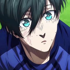 an anime character with green hair and blue eyes looks at the camera while staring into the distance