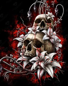 a skull with flowers and vines on it's face is shown in this artistic painting