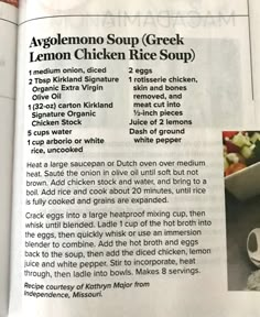 an article in a magazine about ingredients for chicken rice soup and how to make it