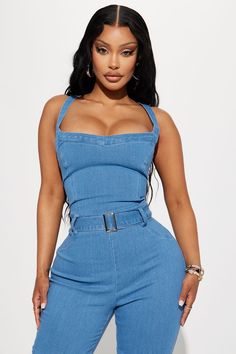 Available In Dark Wash And Medium Wash. Denim Jumpsuit Spaghetti Straps V Neckline Belted Backless Back Zipper Stretch Disclaimer: Due To The Specialized Wash. Each Garment Is Unique. 56% Cotton 22% Polyester 20% Rayon 2% Spandex Imported | Naomi Denim Jumpsuit in Medium Wash size Small by Fashion Nova Denim Jumpsuit, Fashion Nova, Spaghetti Strap, Spaghetti, Jumpsuit, Spandex, Zipper