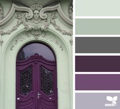 a purple and green color scheme with an ornate door