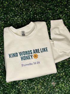 Embroidered white crew neck unisex sizing please allow two week turn around time Embroidered Quotes On Clothes, Embroidered Clothes Ideas, Christian Wear, Crew Neck Sweatshirt Aesthetic, Christian Shirt, Christian Merch, Jesus Clothes, Christian Shirts Designs, Embroidered Crewneck