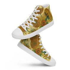 Introducing our Van Gogh Sunflowers Evergreen Art Shoes, a vibrant fusion of artistic expression and contemporary style. Inspired by Vincent Van Gogh's iconic masterpiece, these Women's High Top Canvas Shoes bring the beauty of sunflowers to life in a mesmerizing mismatched design. Crafted with meticulous attention to detail, each pair features Van Gogh's bold brushstrokes and radiant colors, creating a wearable work of art that's sure to brighten any ensemble. Whether you're exploring the city Yellow High-top Sneakers With Vulcanized Sole For Spring, Summer High-top Sneakers With Round Toe And White Sole, Green High-top Sneakers With Vulcanized Sole For Spring, Artistic Yellow Low-top Sneakers, Summer Mid-top Canvas Shoes With Vulcanized Sole, Yellow High-top Canvas Shoes For Spring, Green High-top Sneakers For Spring, Trendy High-top Custom Sneakers For Summer, Summer High-top Canvas Shoes With White Sole