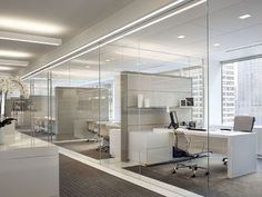 an office with glass walls and white furniture