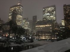 the city skyline is lit up at night with snow on the ground and trees in the foreground