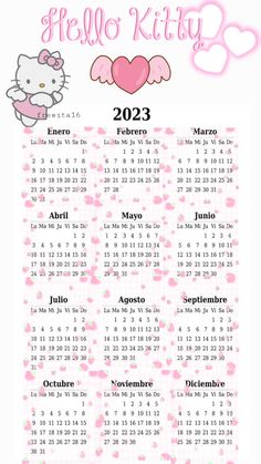 a calendar with hello kitty on the front and pink hearts in the back, as well as