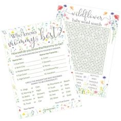 two baby shower game cards with flowers and the words, who knows the best?