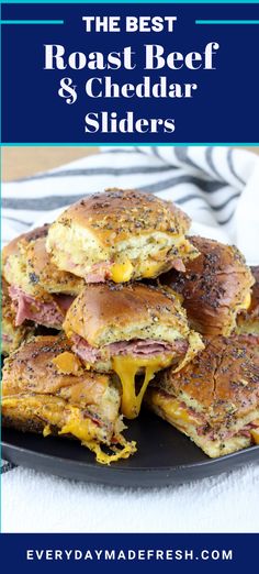 the best roast beef and cheddar sliders on a black plate with text overlay