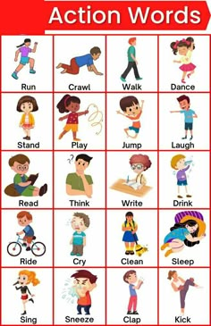 a poster with words and pictures on it that describe the different kinds of action words