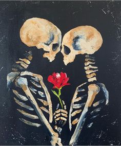 a painting of two skeletons holding a red rose in their hands and looking at each other