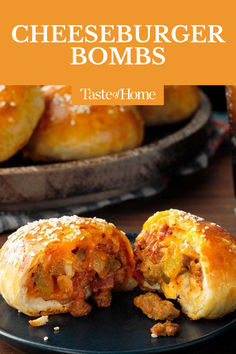 Instead of enjoying your cheeseburger on a bun, have it in one! These cheeseburger bombs are the perfect take-along option. —Taste of Home Test Kitchen #cheeseburgerbombs #appetizers #snacks #partyrecipes Weight Watchers Cheeseburger Bomb, Garlic Parmesan Cheeseburger Bites, Garlic Parmesan Cheeseburger Bombshell, Burger Appetizer, Bacon Recipes For Dinner, Homemade Cheeseburgers, On A Bun, Bbq Burgers, Meat Pies