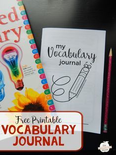 two notebooks with the words, free printable vocably journal and an image of a sunflower