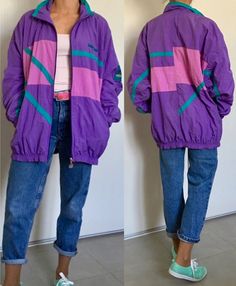 Colorful Jacket 90s, Oversized 80s Jacket Outfit, 90s Fashion Purple, 80s Color Block Outfit, Purple Retro Outfit, 80s Aesthetic Outfits Colorful, 80s Purple Outfit, 80s Jackets Women, Outfits Retro 80s Mujer