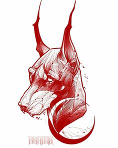 a red and white drawing of a dog's head with long, curved horns