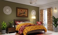 a bed room with a neatly made bed next to a window and potted plants