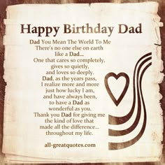 a birthday card with the words happy birthday dad written in brown and black on it