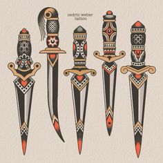 four different types of knives with designs on them