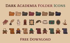 the dark academy folder icons are shown in different colors and sizes, including brown, green,